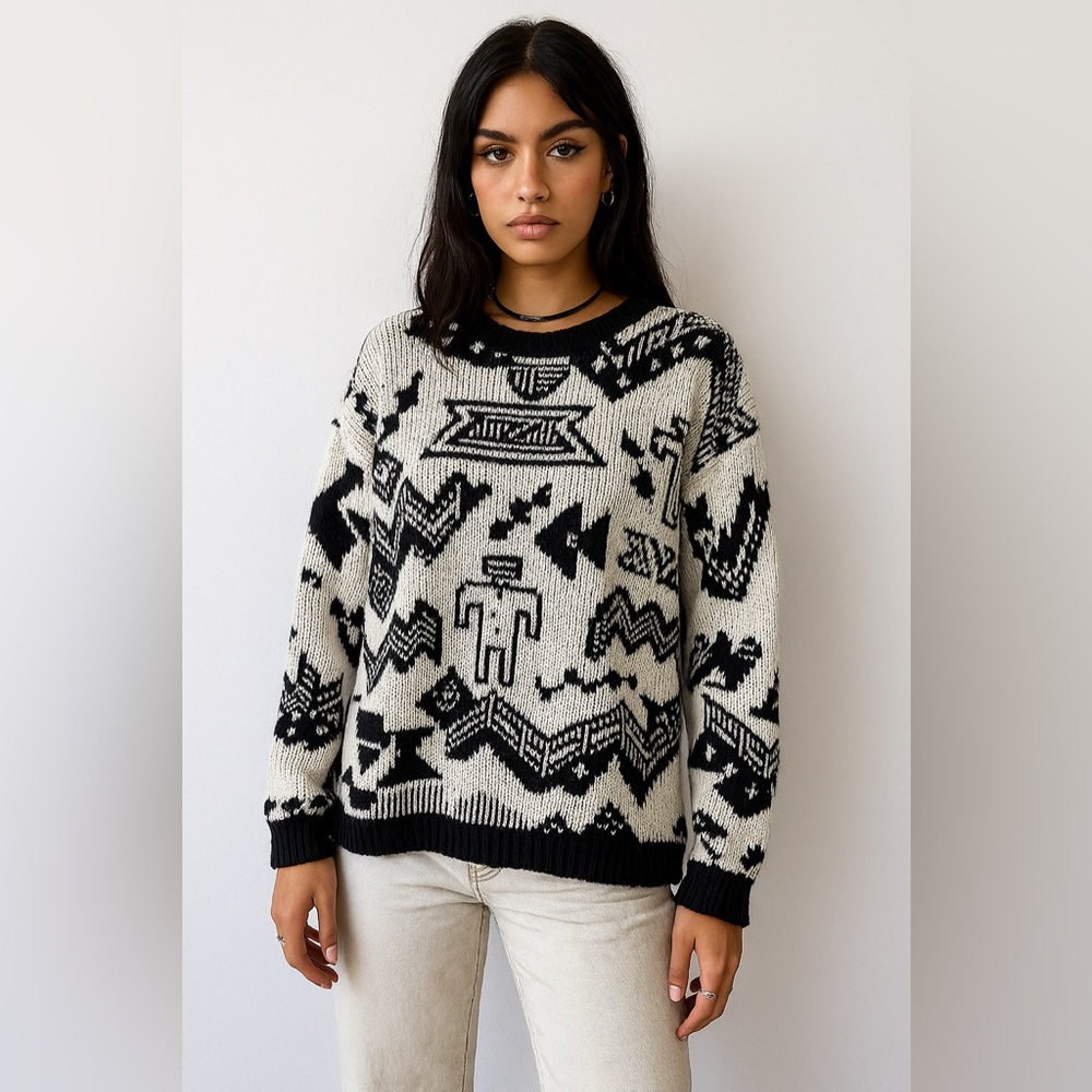 Vintage Organically Grown Abstract‎ Graphic Knit Crewneck Sweater M